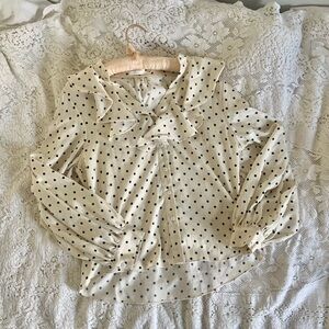 Polka dot ruffed peasant blouse